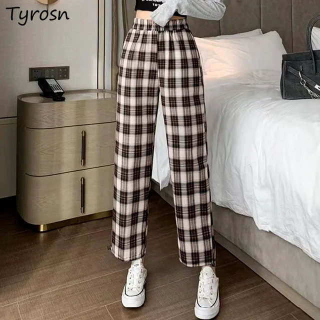 Pants Women Classic All match Joggers Full Length High Waist Plaid Vintage Thickening Warm S 3XL
