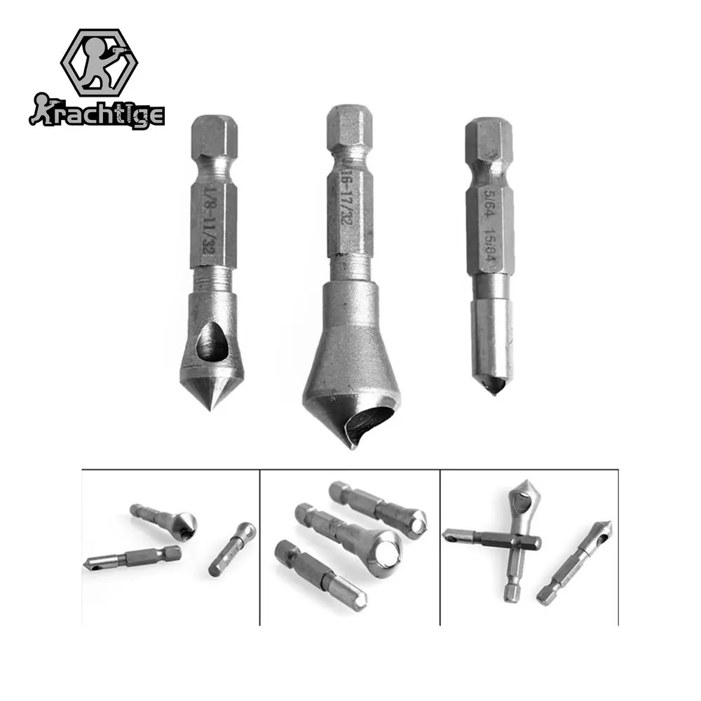 3Pcs Hex Shank Countersunk Bit Set 3/16-17/32 1/8-11/32 5/64-15/64 for Woodworking Deburring Metal Wood Plastic