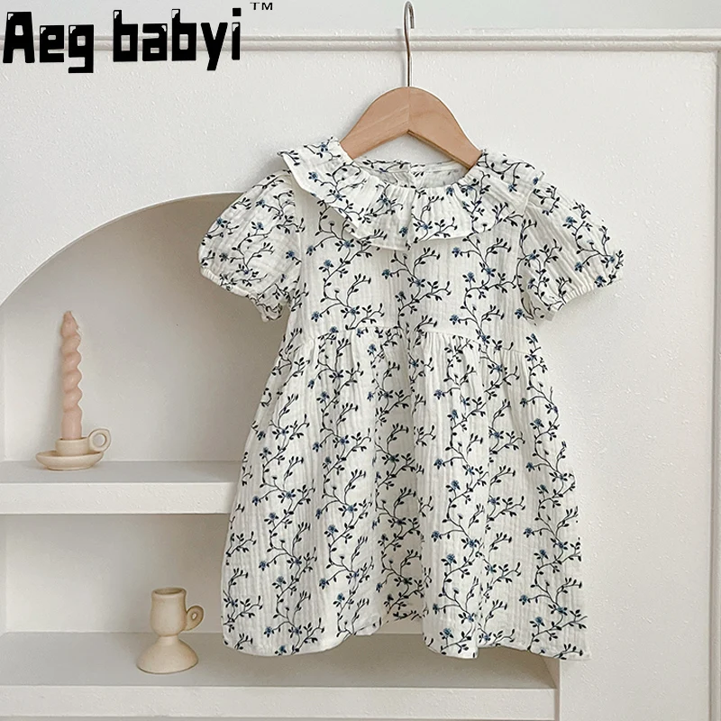 

Baby Girls Clothes Kids Summer New Baby Girls Short Sleeve ​Dress Blue Floral Princess Dress Cotton Children Clothing 1-6Y