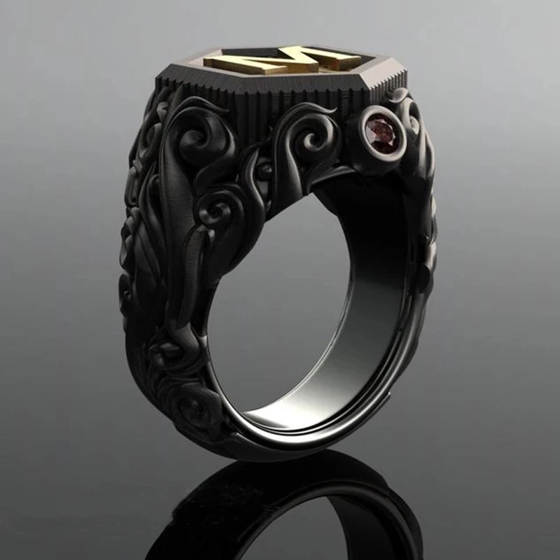Signet Ring Classic Retro Black Men Gold Color Carving M Letter Steampunk For Birhday Gift Party Gothic Jewelry