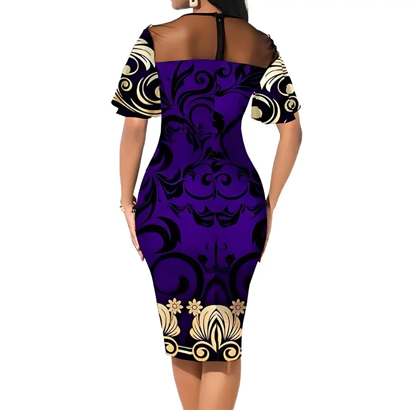 Net Yarn Patchwork O-Neck Geometric Print Short Sleeve Summer Clothes for Women Casual Zipper Plus Size Slim Mini Pencil Dress