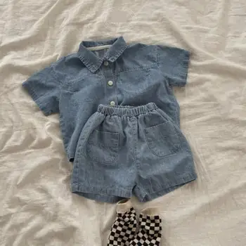 2025 Summer New Baby Short Sleeve Denim Jacket Clothes Set Solid Boys Girl Casual Shorts 2pcs Suit Cute Kids Jean Outfits