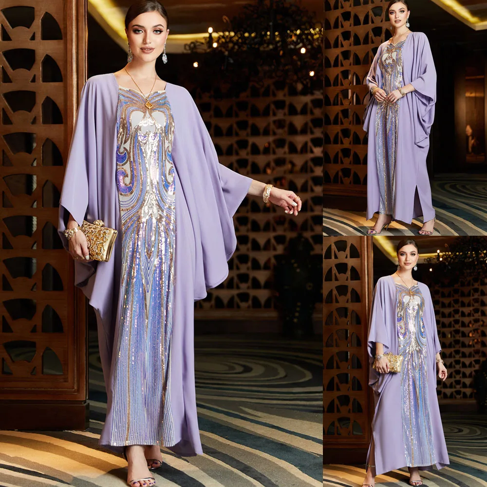 

Eid Muslim Sequins Dress for Women Abaya Ramadan Butterfly Sleeve Long Abayas Loose Woman Robe Moroccan Caftan Party Vestidos