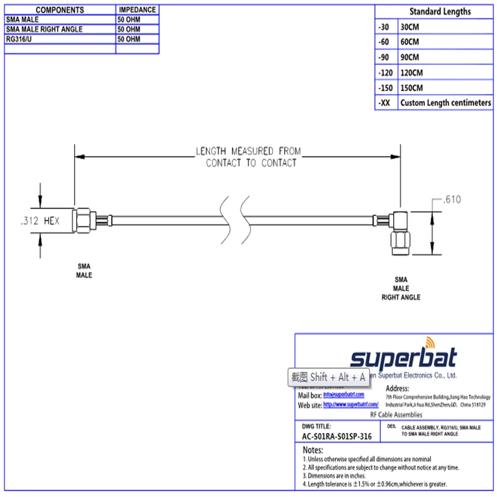 Right Angle SMA Male to Straight Patch Lead RG316 RF Cable
