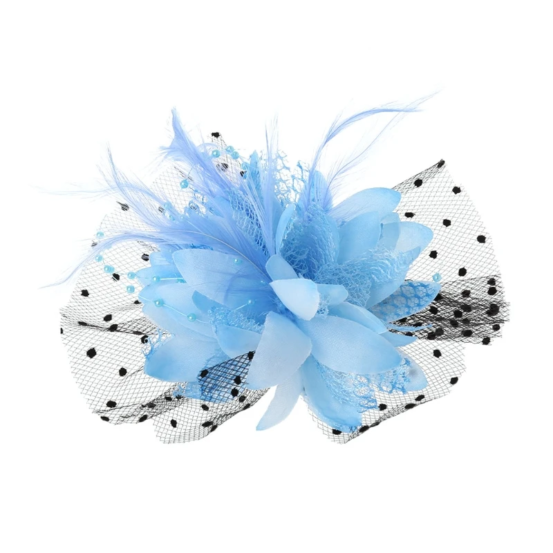 4XBF Fascinators Hats Solid Color Flower Mesh Hat Cocktail Tea Party Headwear with Feather Faux Pearl for Girls and Women