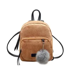Girl Mini Backpack Women Pompom Ball Solid Color Corduroy Small Backpack Autumn Winter Teenage Travel School Bag