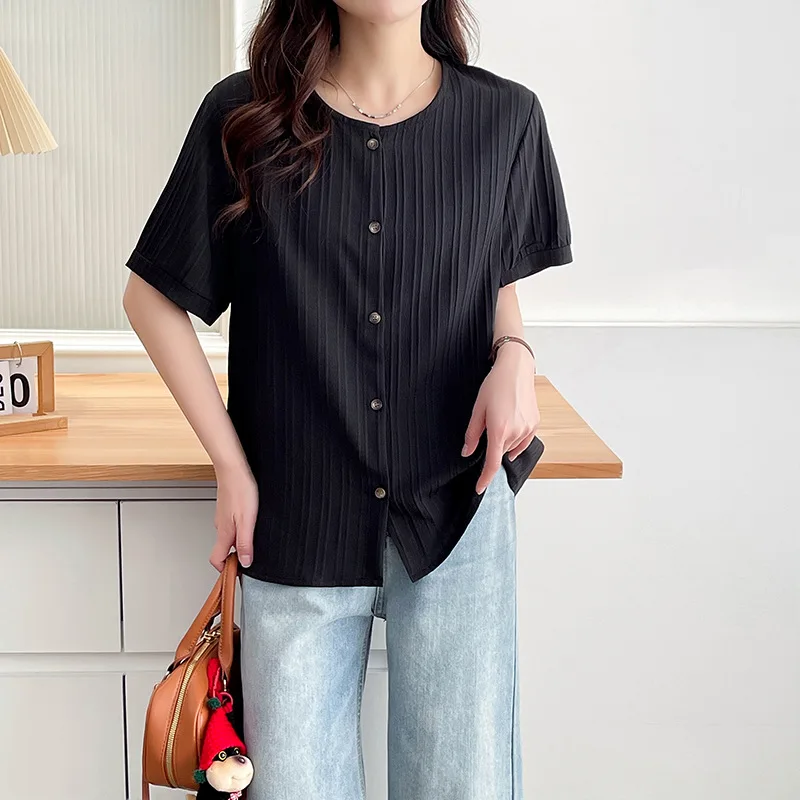 100KG New Summer Style Accordion Vertical Striped Short Sleeve Shirt Plus Size Women's Casual Chiffon Blouses 313