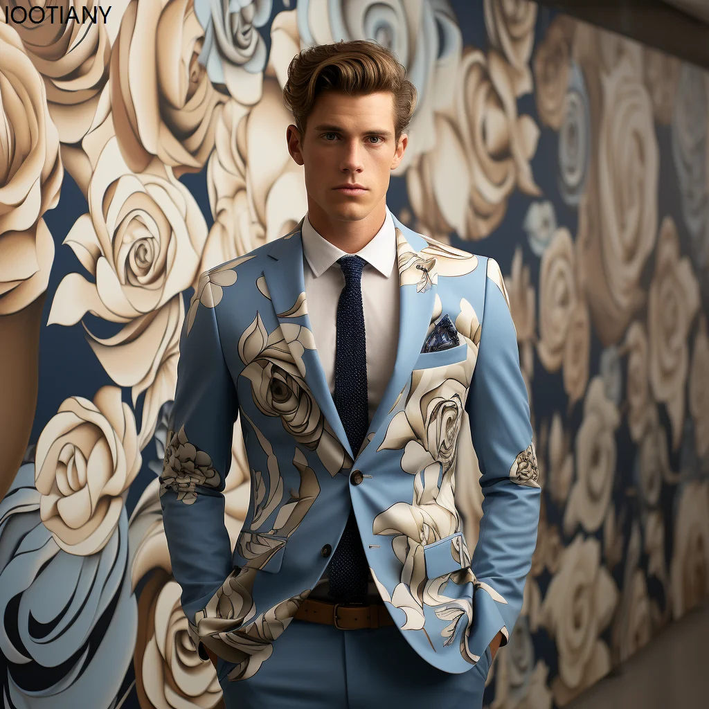 Men Blazer Colorful Flower Pattern Floral Elements 3D Printing Suit Jacket Business Casual Carnival Party