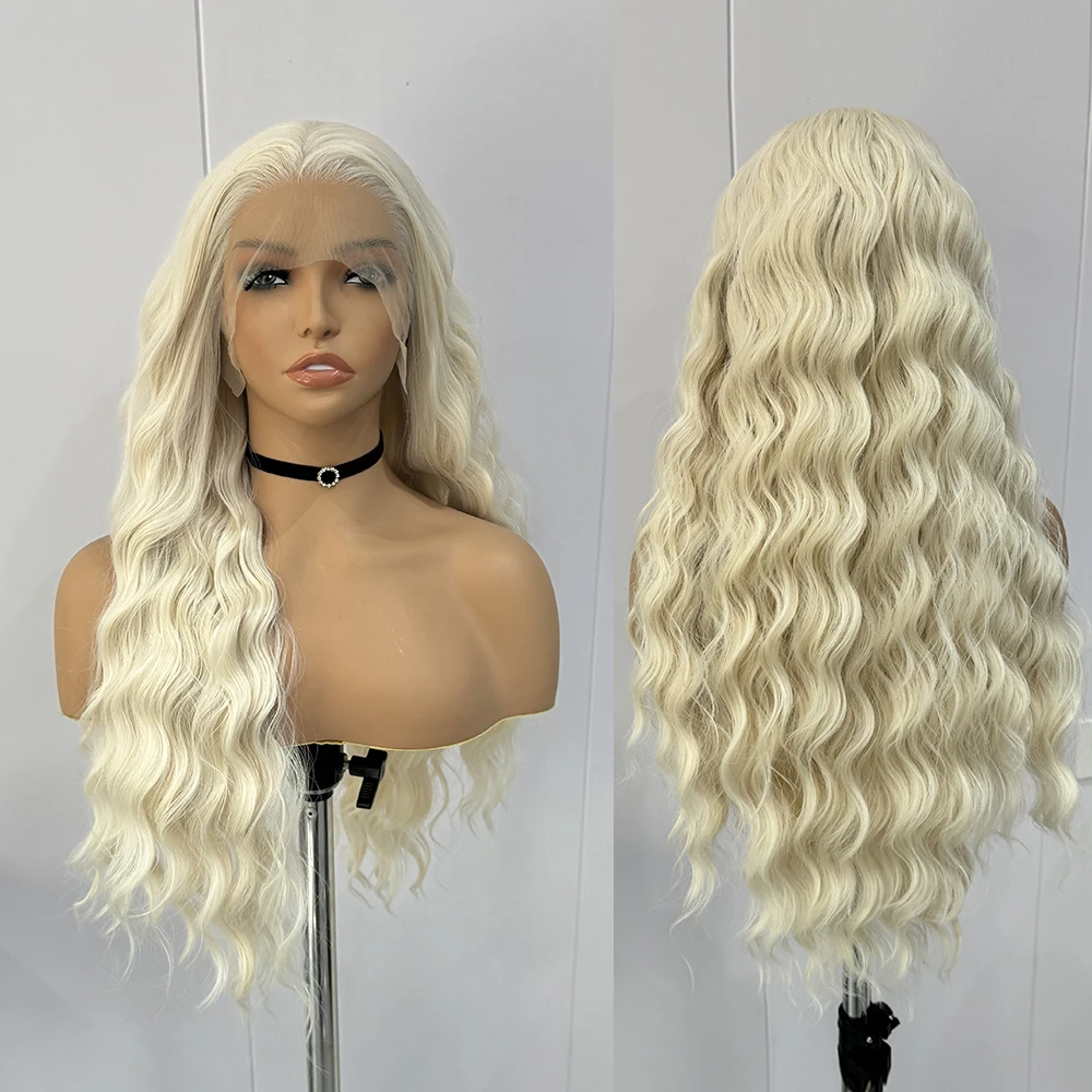 Lace Front Wig Synthetic Hair Wigs Synthetic Platinum Blonde Wig Lace Front Wigs Women Loose Curly Hair Heat Resistant Fiber Free Part Natural Wave Cosplay Wig