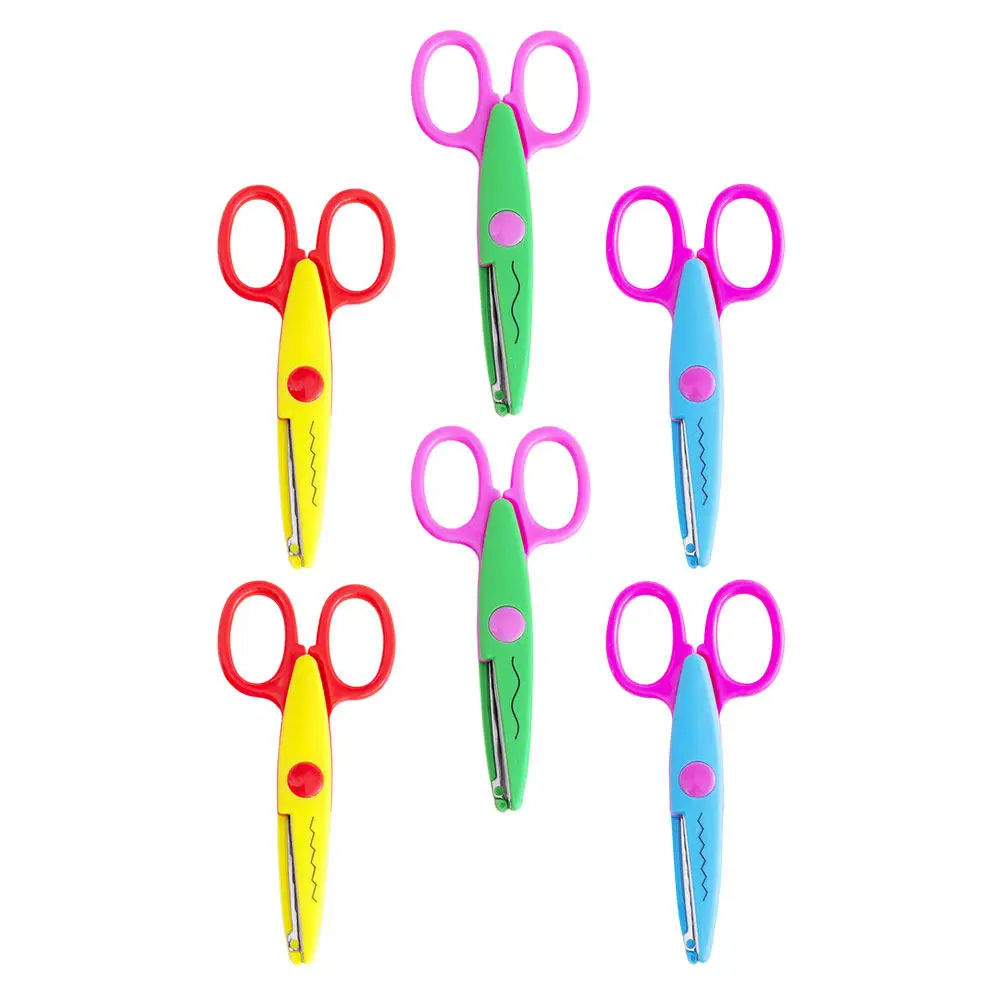 6Pcs 가위 플라스틱 둥근 팁 레이스 패턴 정밀 DIY 공예 종이 가위 편안한 그립 도구