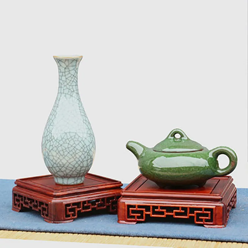 Square Redwood Carve Base, Hollow Out Pedestal, Nature Redwood Display Shelf, Flower Stands, Vase Tray, Planter Pots