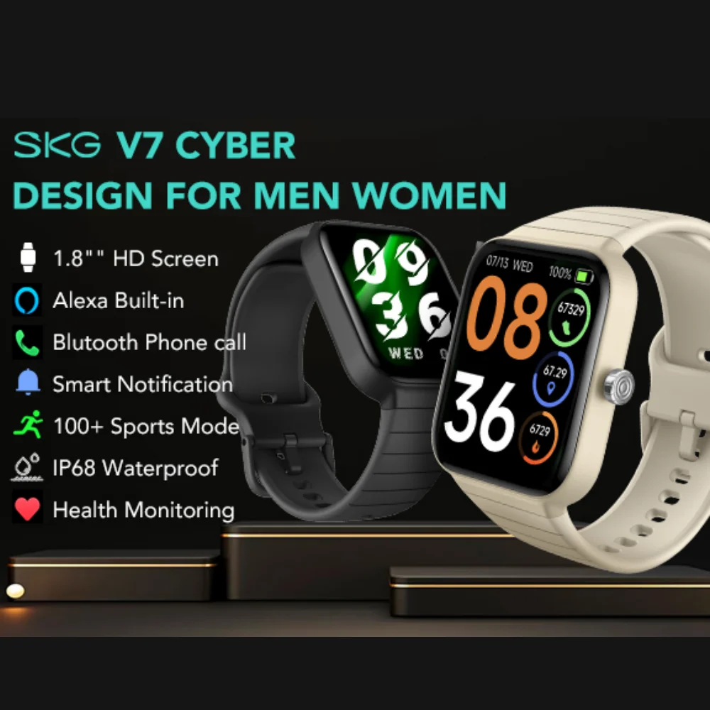 SKG V7 Cyber Smart Watch for Women Men (Answer/Make Call), Alexa Built-in, Extra Black Band, IP68 Smartwatch for Android iPhones