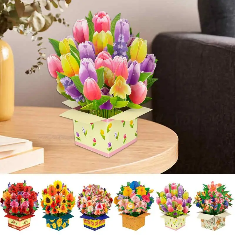 

Pop Up Flower Bouquet Greeting Card Rose/Lily/Sunflower/Tulip Flower Bouquet 3D Greeting Card For Mother, Teacher And father