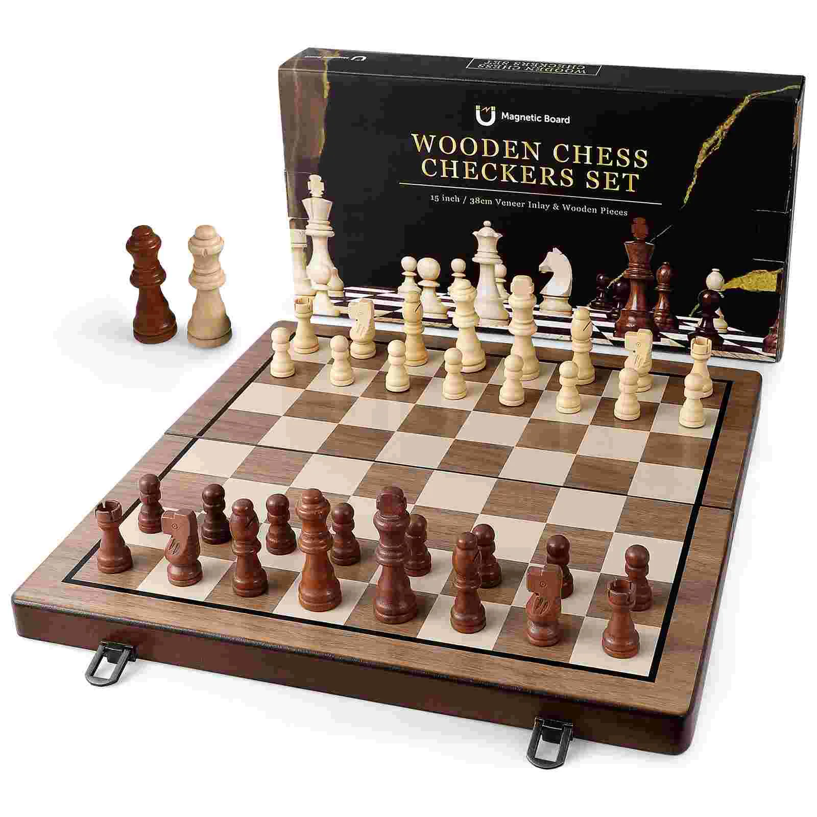 1 Wooden Chess Checkers Board Chess Folding Board Pieces Travel