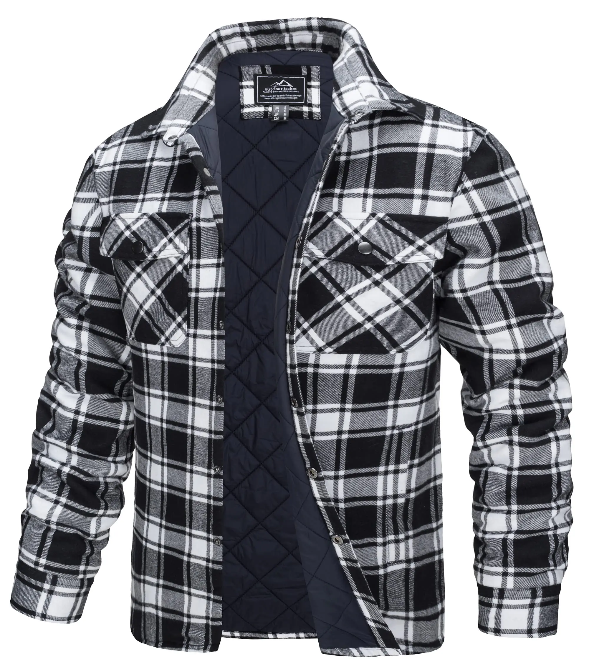 Men's Winter Plaid Quilted Flannel Shirt Jacket with Multi-Pocket Design