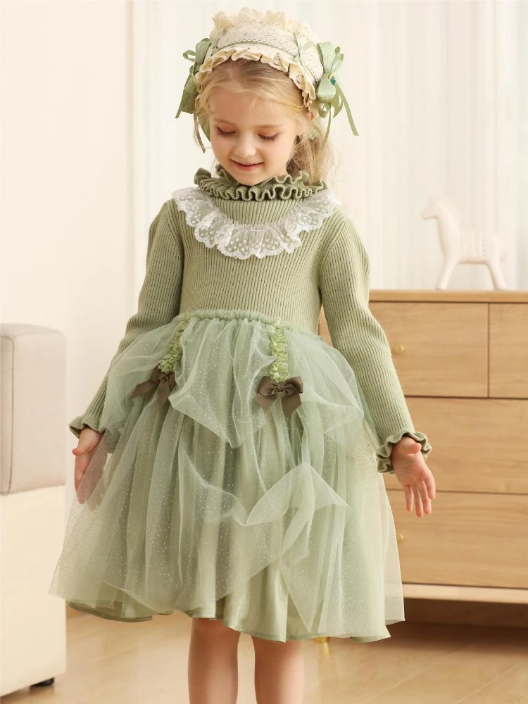 

HoneyCherry New Girls Lace Bow Dress Sweet Green Knitted Princess Dress Flower Girl Dresses
