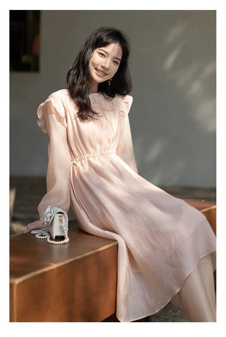 MISHOW 2022 Spring Pink Dress Women Long Sleeve Elegant Sweet