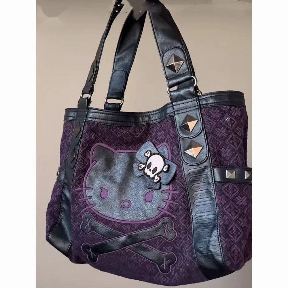 Sanrio Hello Kitty Vintage Patchwork Purple Armpit Bag Subculture Y2K Sweet Spicy Girl Handbag Gothic Trend Versatile Tote Bag handbag tote bag