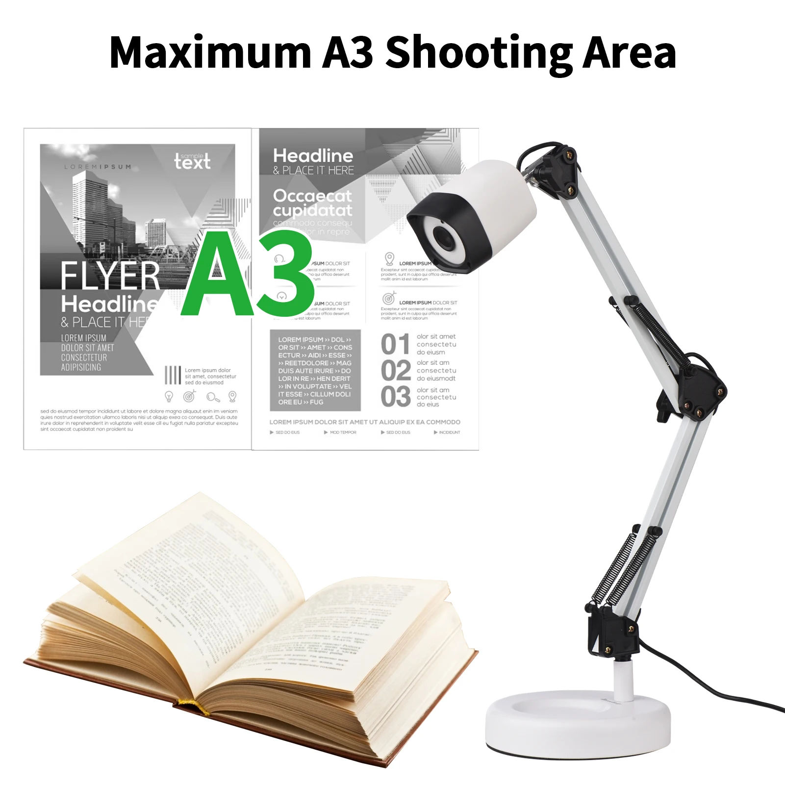 2 in 1 Document Scanner Camera & Webcam with Auto-Focus and LED Supplemental Light 8M HD A3 Scan Size for Online Teaching