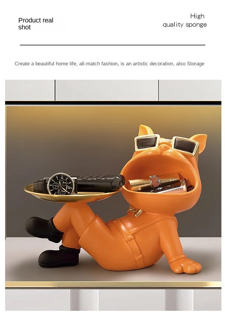 Bulldog Resin Figurine Ornament, Big Mouth Dog with Storage Tray, Candy, Key Storage Container Ornament, Tabletop Figurine