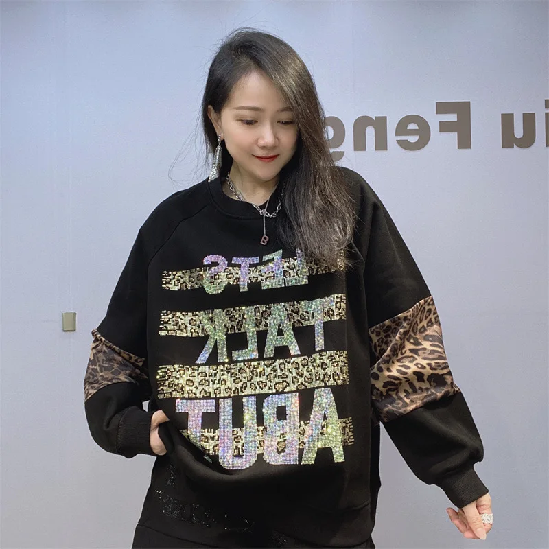 

Women Long Sleeve Sweater Tops Women Leopard Print Letter Thickened Sweater Hatless Pullover Versatile Top For Winter New