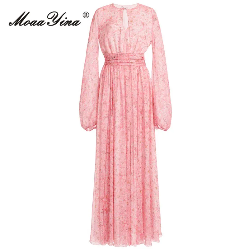 

Женское винтажное платье с цветочным принтом MoaaYina, осеннее платье с круглым вырезом и рюшами, с высокой талией, узкое праздничное Вечерние Длинное Платье