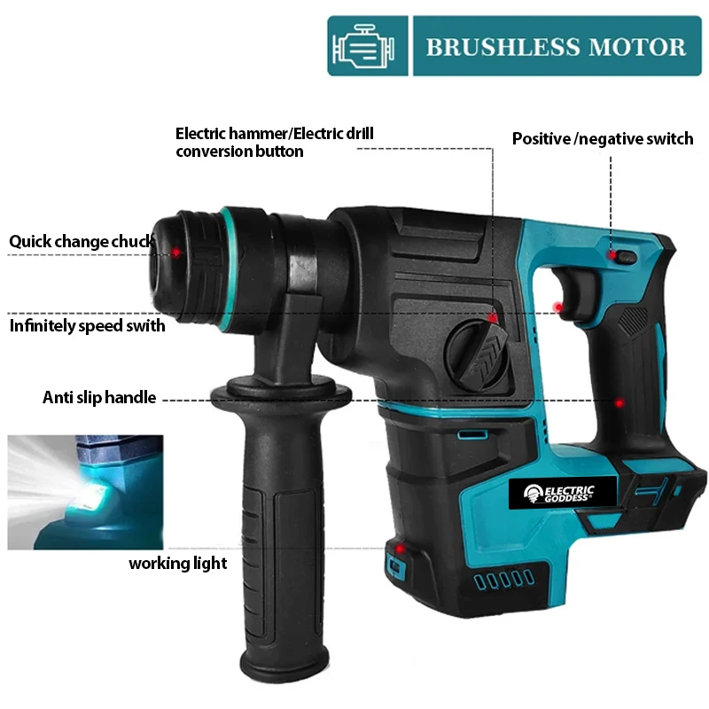 Electric Goddess Brushless Impact Hammer 21V Cordless Hammer Drill Function Multifunctional Steel Concrete Wood For Makita 18V electric hammer drill