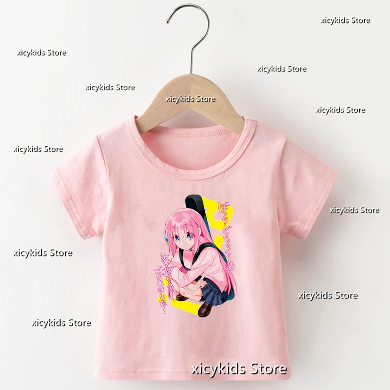 

Футболка для девочек 2-15 лет, милый мультяшный принт японского аниме Bocchi The Rock Hitori, модная Розовая Одежда для девочек