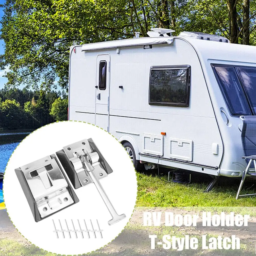 RV Door Holder T-Style Latch Camper Trailer Entry Stainless Steel With Rivets Outdoor Truck Motorhome Cargo Easy Install