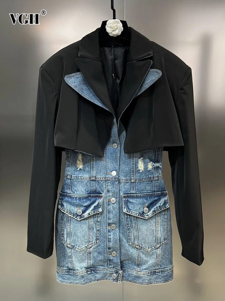 

VGH Minimalist Two Piece Set For Women Notched Long Sleeve Coat Lapel Sleeveless High Waist Denim Dress Casual Sets Female Style