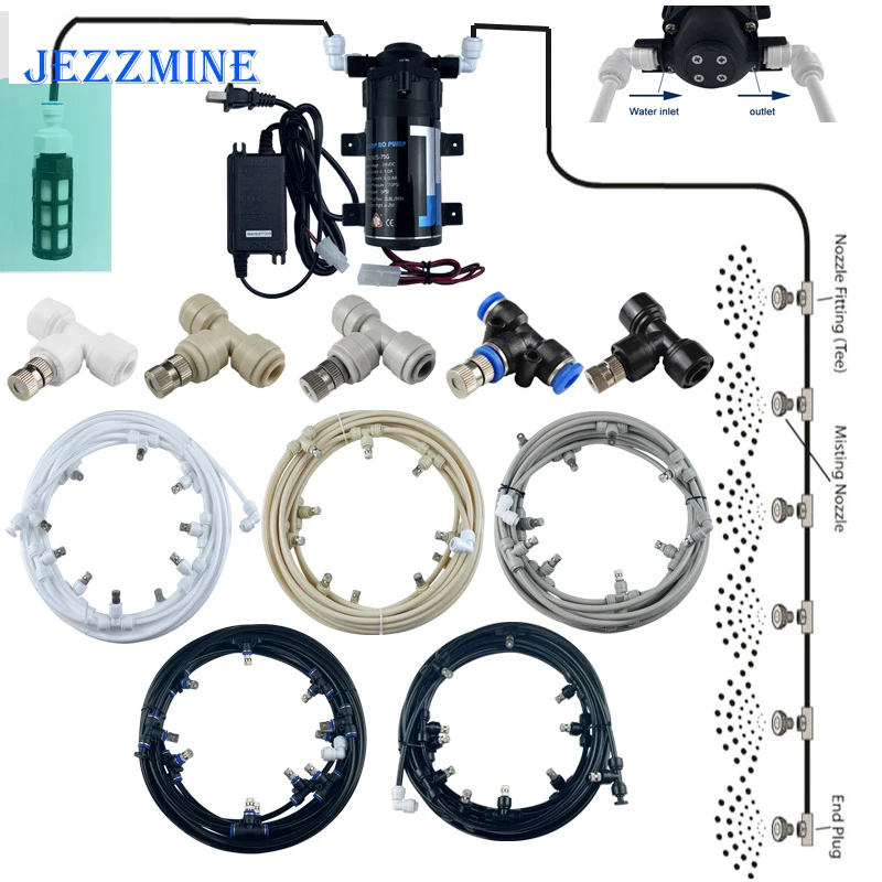 

New Quiet DC 24V Water Pump Sprayer Patio Mist Cooling System 6mm Slip Lock Fog Nozzles Garden Watering Kit