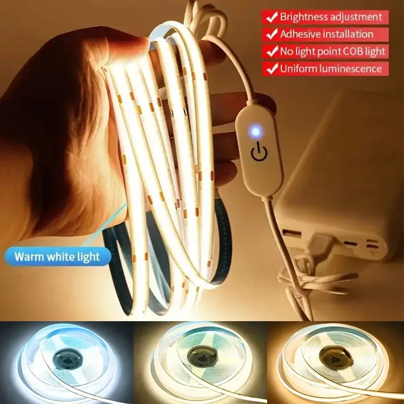 Bande Lumineuse COB Tactile avec Gradateur USB Flexible, Ruban de Diode pour Cuisine, Garage, Bricolage, Miroir TV, PC, Rétro-Éclairage, Décoration Murale, 5V