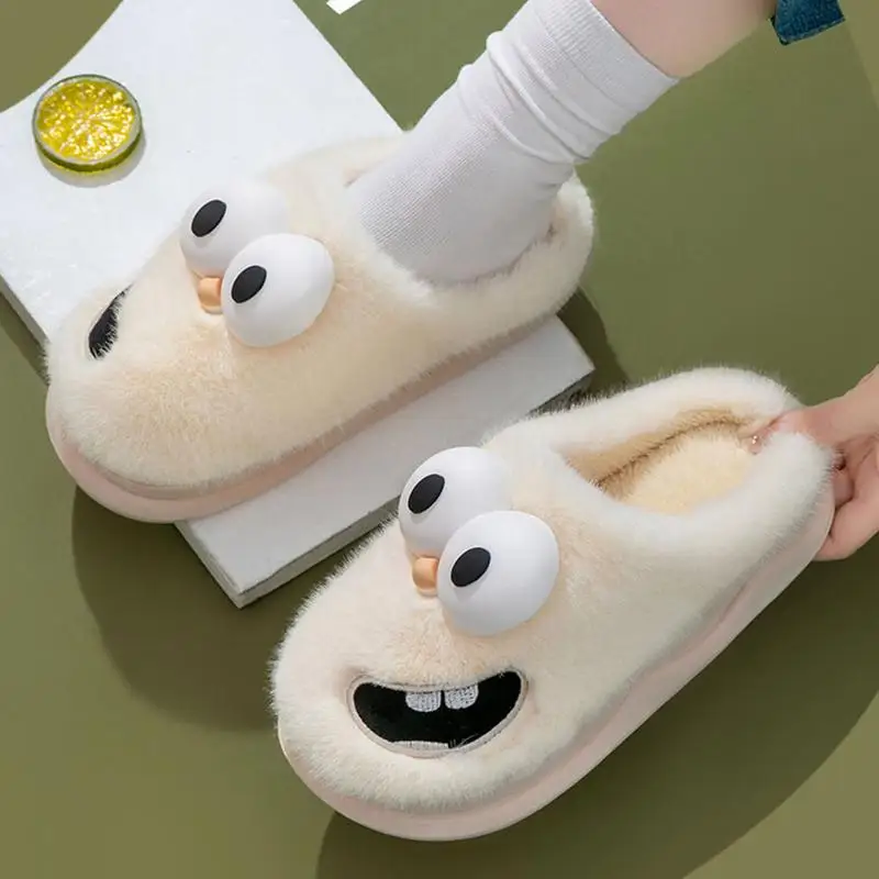 Furry Slippers For Women Plush Fuzzy Slip On Winter House Slippers Expression Warm Bedroom Shoes Cute 3D Cartoon Fluffy Slipper
