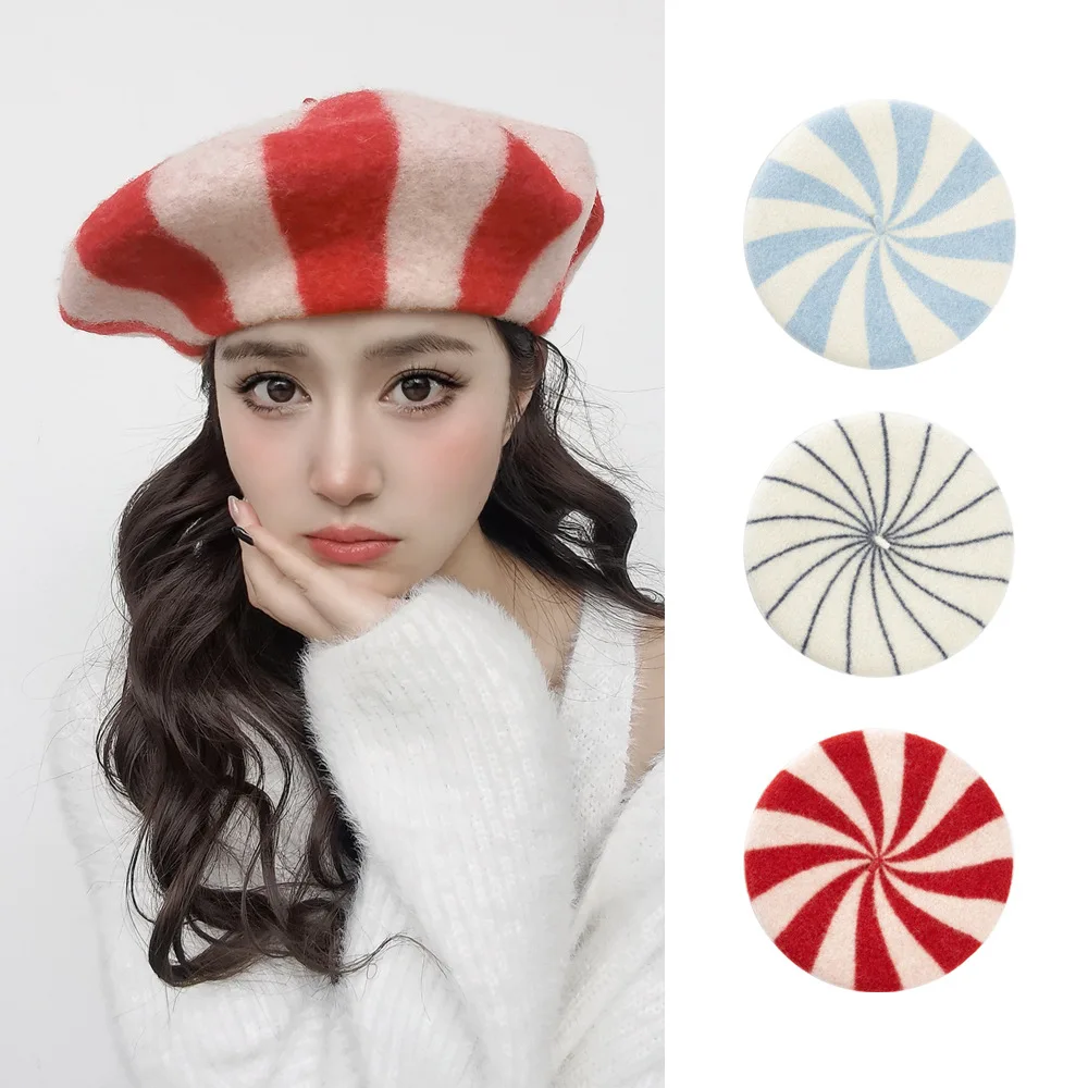 Wool Berets Women Hat Winter Large Size Striped Candy Color Casual Parent Child Fashion Design Lady Girls Berets Boina New Cap