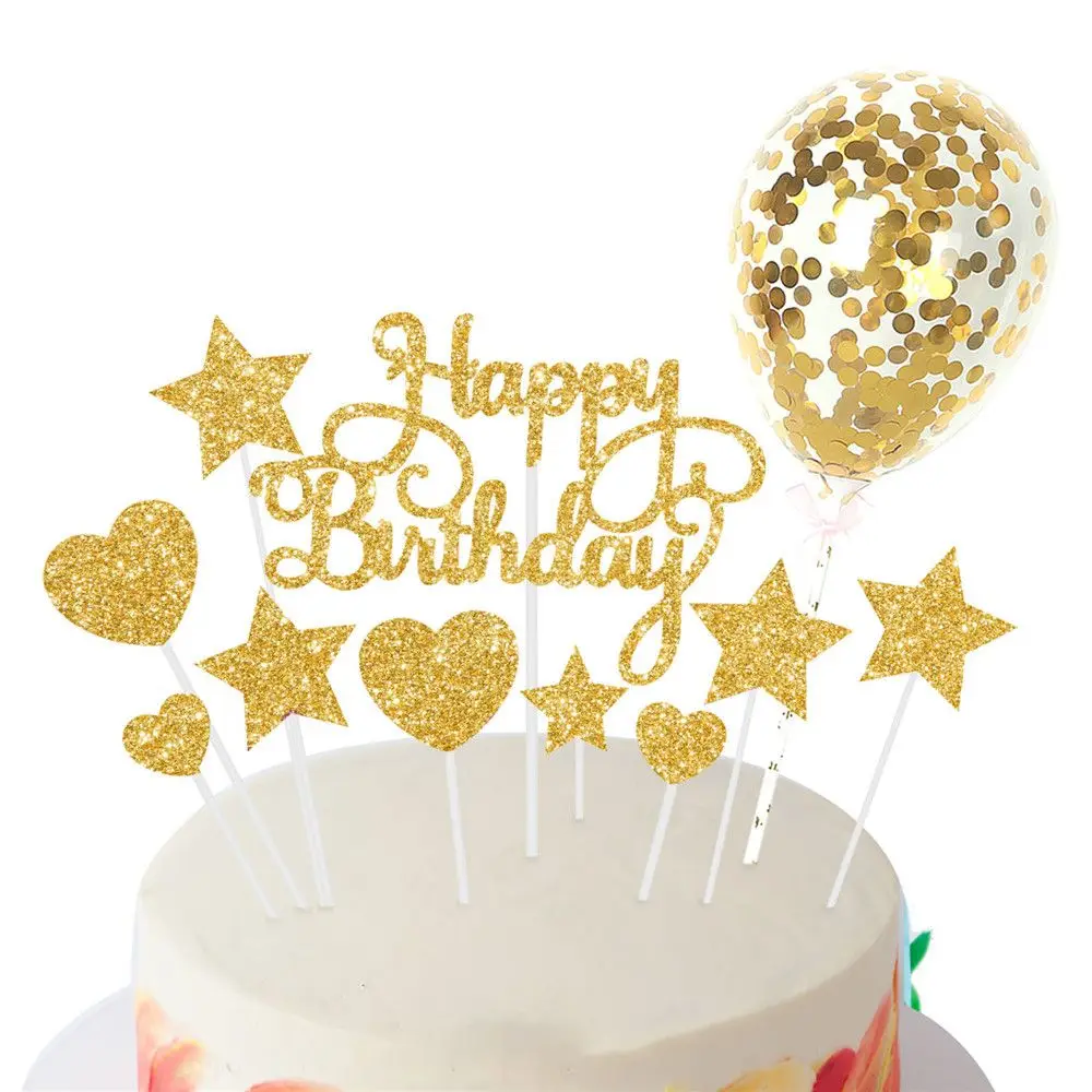 BOYATONG Topper per Torta di Compleanno da 17 Pezzi, Topper per Torta di Buon Compleanno, Topper per Torta in Oro Rosa, Topper per Cupcake con Stelle Amore Palloncini coriandoli e ventagli di