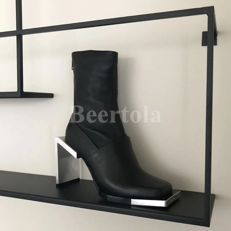 

Punk Women Metal Strange High Heel Boots Sliver Square Toe Special Shaped Heel Back Zipper Leather Ankle Boots Lady Autumn Shoes