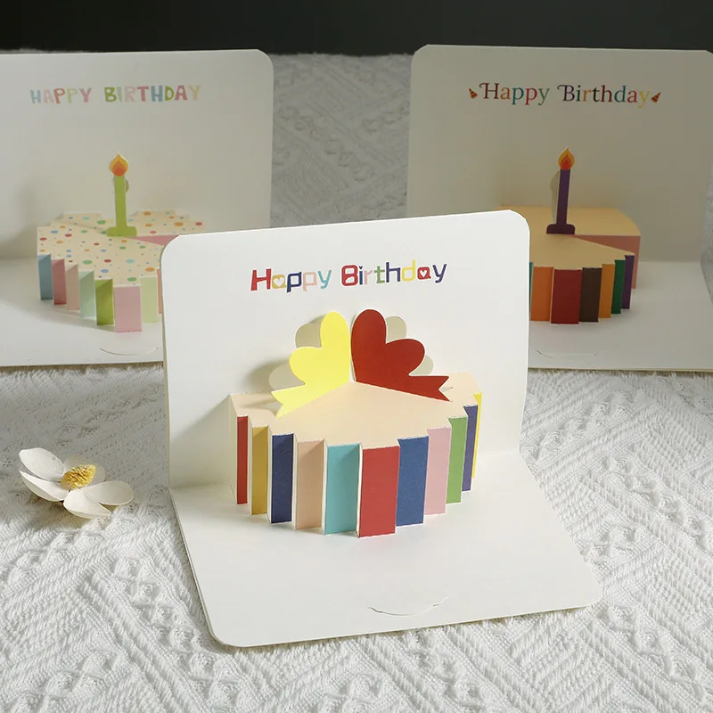 Pop up style 3D Happy Birthday greeting card creative high-end sense simple folding cake colorful cake blessing card gift greeting cards