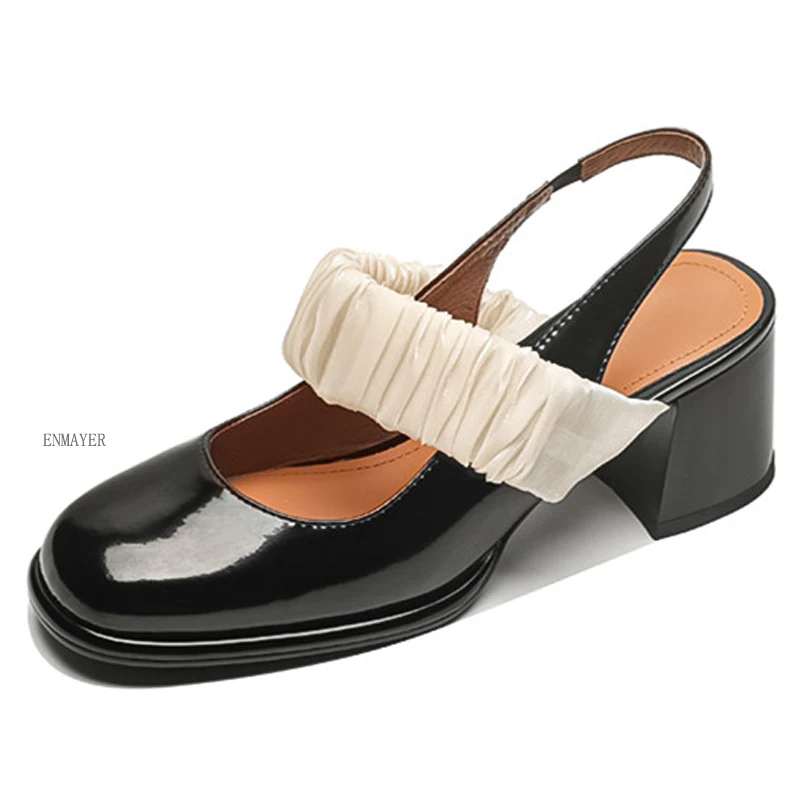 

2023 New Back Strap Sheepskin Sandals Woman Buckle Spring Ladies Slingbacks Shoes Square Med Heels Sandals Big Size34-40