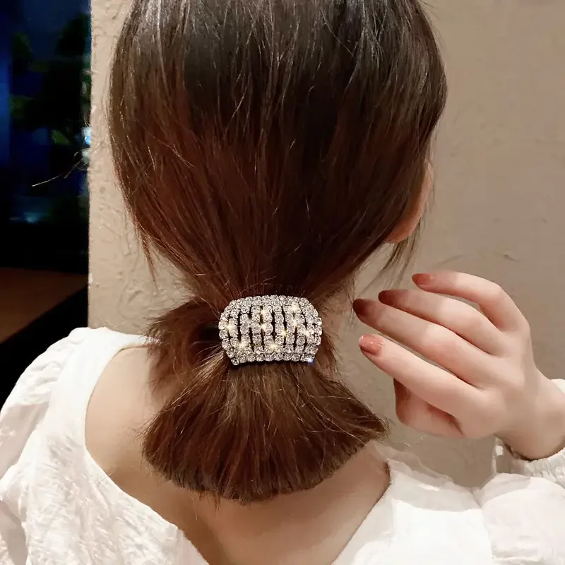 Sparkling rhinestone decoration hair ring elastic headband ponytail holder retro fashion hair clip for women and daily use 2