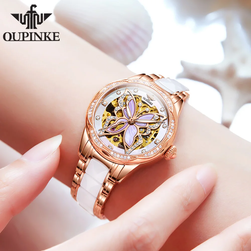 OUPINKE Automatic Mechanical Watches for Women Luxury Sapphire Crystal Mirror Elegant Ceramics Watchband Ladies Wristwatch 3239