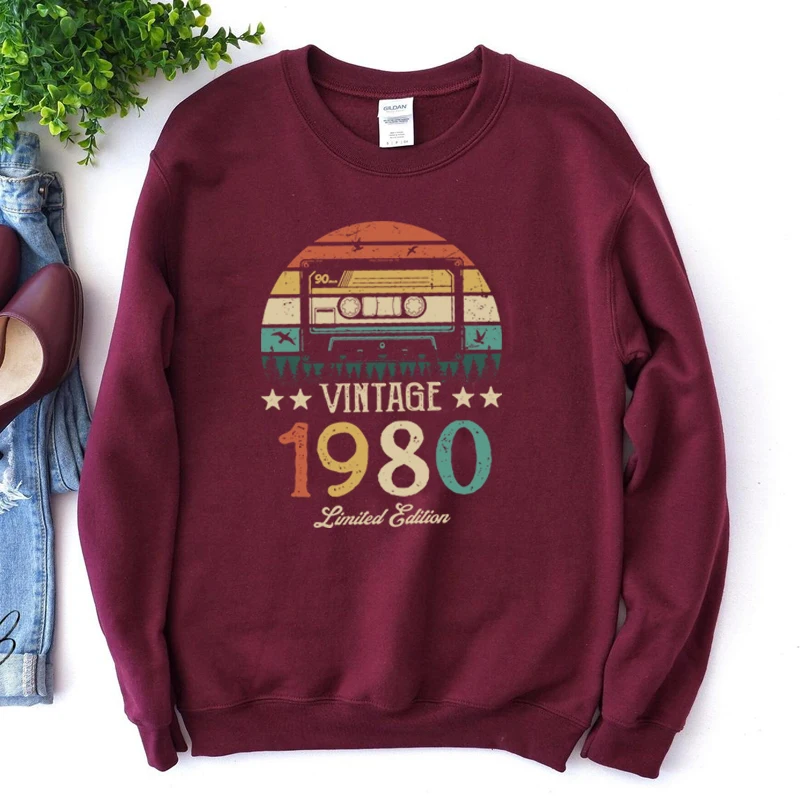 

Original Design Vintage Magnetic Tape 1980 44rd 44 Years Old Women Sweatshirt Harajuku O Neck Birthday Party Clothes Jumper Top