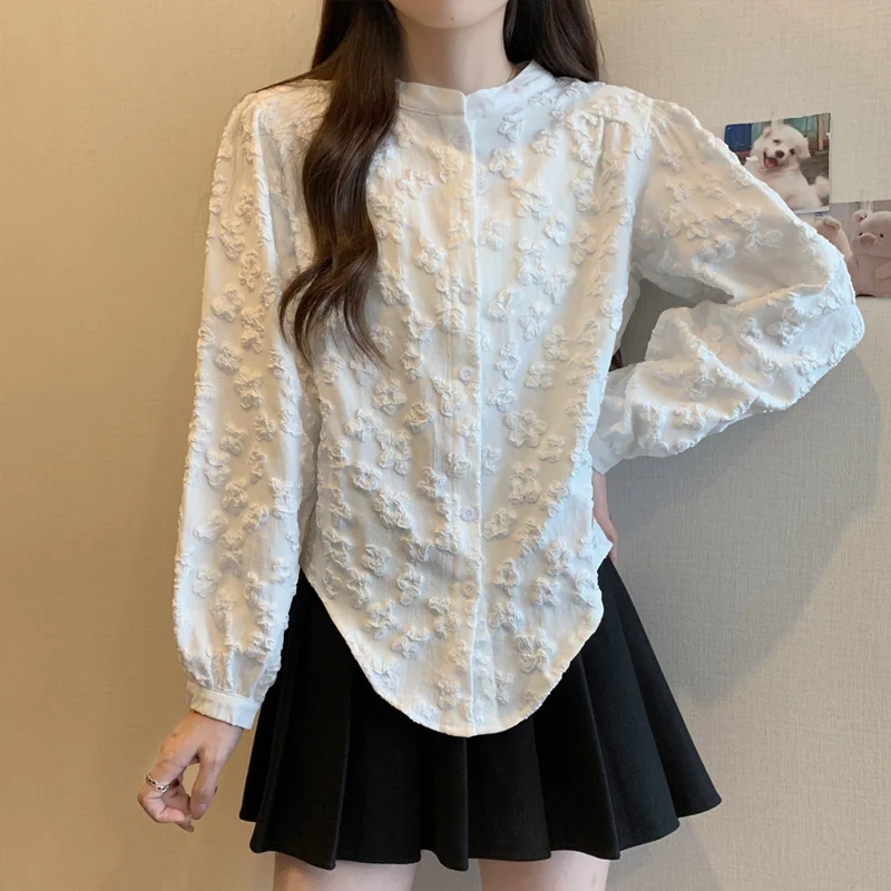 

Spring Autumn New Solid Color Fashion Cotton Shirt Women Round Neck Long Sleeve Button Cardigan Casual Jacquard Weave Chic Tops