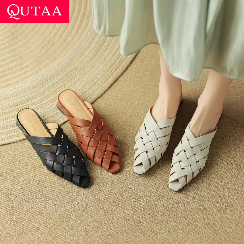 

QUTAA 2023 Low Heels Concise Slippers Women Sandals Genuine Leather Black Casual Working Shoes Woman Summer Size 34-39