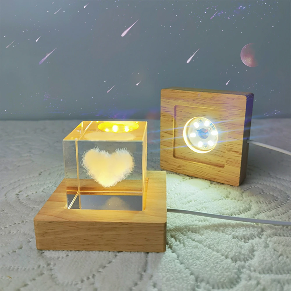 Wooden LED Light Dispaly Base Crystal Glass Resin Art Ornament Wooden Night Lamp Base LED Light Display Stand Home Decor