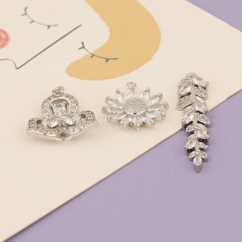 HAOSAW 4Pcs CZ 매력/보석 액세서리/꽃 모양/로듐 펜던트/손으로 만든/보석 결과 및 구성 요소/DIY 만들기