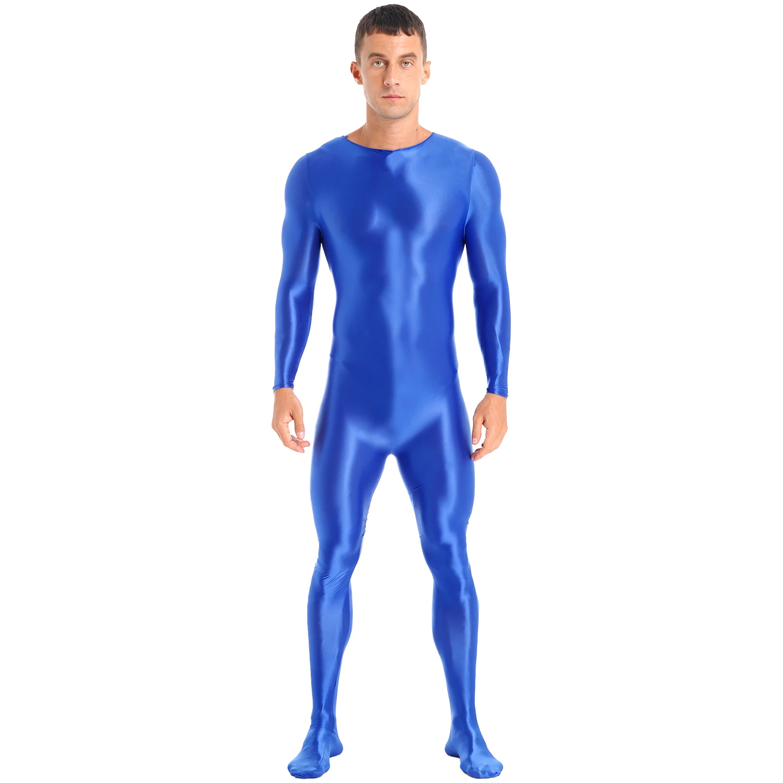 Mens Ballet Gymnastics Leotard Glossy Playsuit Back Zipper Bodystocking Male Long Sleeve Jumpsuit for Yoga Fitness Gym Bodysuit