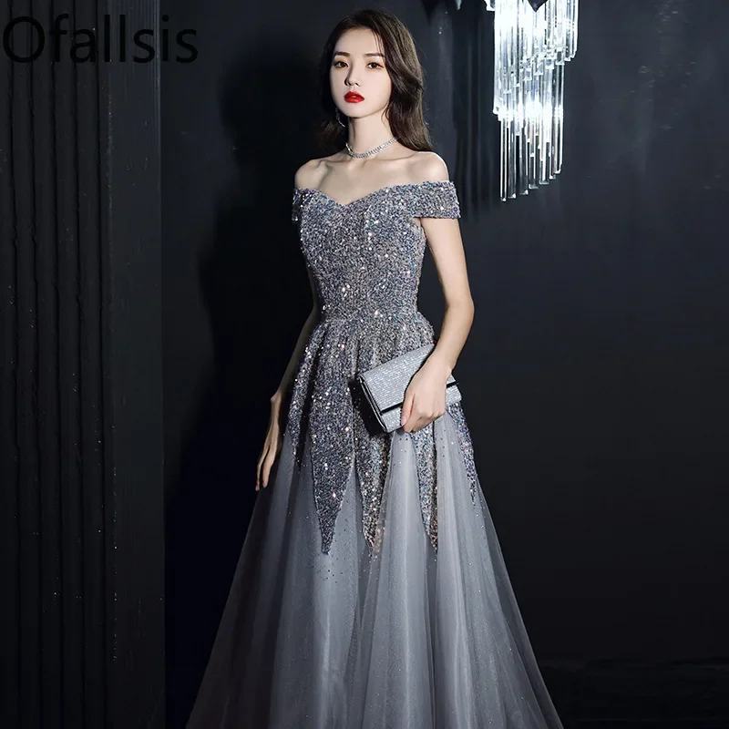 

Ofallsis Gaoding Off Shoulder Sequins Evening Dress Long 2023 New Elegant Host High Quality Slim Fit Starry Sky Party Dresses