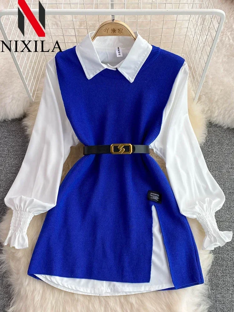 المرأة شيك الحد من العمر 2 قطعة مجموعة طويلة الأكمام قميص أبيض سترة فضفاضة تناسب متماسكة سترة البلوز ربيع الخريف الموضة