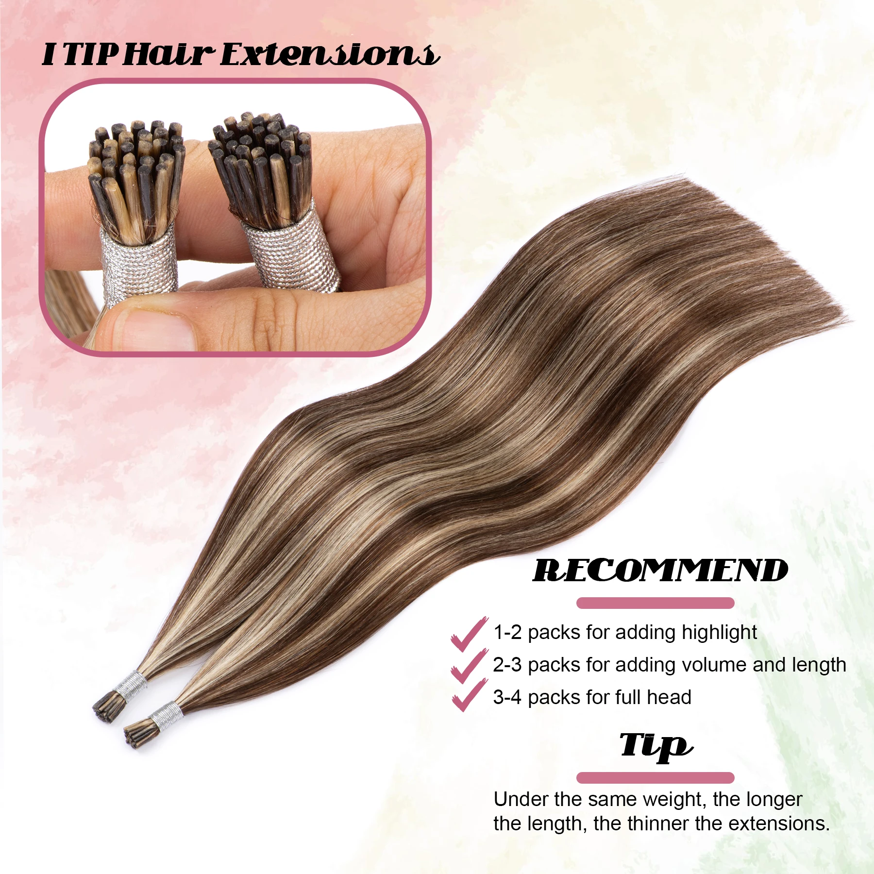 I Tip Hair Extension Straight Brown with Blonde Itips Microlink Human Hair #4/613 Ombre Highlights I Tip Real Human
