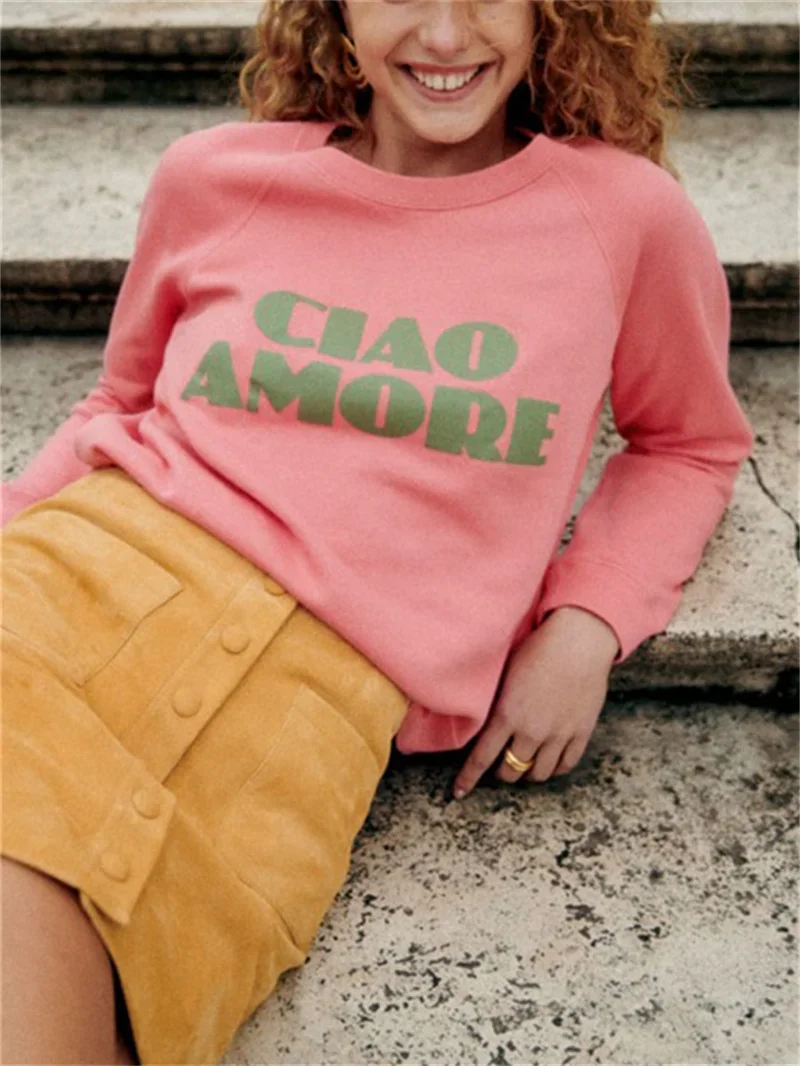 

Женский свитшот с буквенным принтом, свободный весенний Розовый пуловер с круглым вырезом и длинным рукавом, 2024